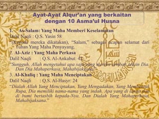 1. As-Salam: Yang Maha Memberi Keselamatan
Dalil Naqli : Q.S. Yasin 58
“(Kepada mereka dikatakan), “Salam,” sebagai ucapan selamat dari
Tuhan Yang Maha Penyayang.
2. Al-Aziz : Yang Maha Perkasa
Dalil Naqli : Q.S. Al-Ankabut: 42
“Sungguh, Allah mengetahui apa saja yang mereka sembah selain Dia.
Dan Dia Mahaperkasa, Mahabijaksana.”
3. Al-Khaliq : Yang Maha Menciptakan
Dalil Naqli : Q.S. Al-Hasyr: 24
“Dialah Allah Yang Menciptakan, Yang Mengadakan, Yang Membentuk
Rupa, Dia memiliki nama-nama yang indah. Apa yang di langit dan
di bumi bertasbih kepada-Nya. Dan Dialah Yang Mahaperkasa,
Mahabijaksana.”
Ayat-Ayat Alqur’an yang berkaitan
dengan 10 Asma’ul Husna
 