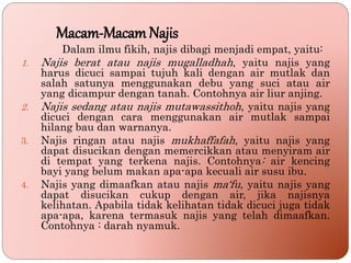 Macam-MacamNajis
Dalam ilmu fikih, najis dibagi menjadi empat, yaitu:
1. Najis berat atau najis mugalladhah, yaitu najis yang
harus dicuci sampai tujuh kali dengan air mutlak dan
salah satunya menggunakan debu yang suci atau air
yang dicampur dengan tanah. Contohnya air liur anjing.
2. Najis sedang atau najis mutawassithoh, yaitu najis yang
dicuci dengan cara menggunakan air mutlak sampai
hilang bau dan warnanya.
3. Najis ringan atau najis mukhaffafah, yaitu najis yang
dapat disucikan dengan memercikkan atau menyiram air
di tempat yang terkena najis. Contohnya: air kencing
bayi yang belum makan apa-apa kecuali air susu ibu.
4. Najis yang dimaafkan atau najis ma‘fu, yaitu najis yang
dapat disucikan cukup dengan air, jika najisnya
kelihatan. Apabila tidak kelihatan tidak dicuci juga tidak
apa-apa, karena termasuk najis yang telah dimaafkan.
Contohnya : darah nyamuk.
 