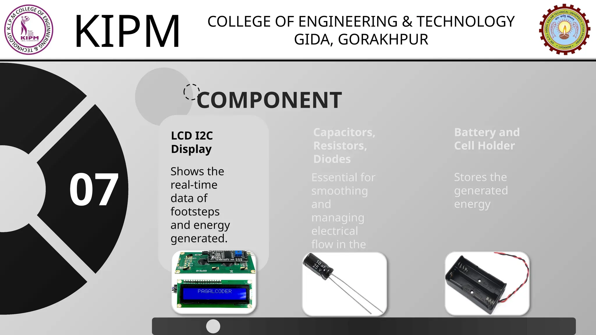 KIPM COLLEGE OF ENGINEERING & TECHNOLOGY
GIDA, GORAKHPUR
COMPONENT
Shows the
real-time
data of
footsteps
and energy
generated.
LCD I2C
Display
Essential for
smoothing
and
managing
electrical
flow in the
circuit.
Capacitors,
Resistors,
Diodes
Stores the
generated
energy
Battery and
Cell Holder
07
 