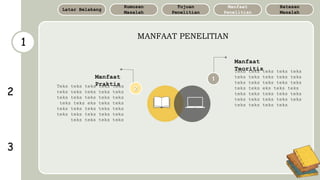 1
MANFAAT PENELITIAN
Batasan
Masalah
Manfaat
Penelitian
Tujuan
Penelitian
Rumusan
Masalah
Latar Belakang
2
3
Teks teks teks teks teks
teks teks teks teks teks
teks teks teks teks teks
teks teks eks teks teks
teks teks teks teks teks
teks teks teks teks teks
teks teks teks teks
Manfaat
Teoritis
Teks teks teks teks teks
teks teks teks teks teks
teks teks teks teks teks
teks teks eks teks teks
teks teks teks teks teks
teks teks teks teks teks
teks teks teks teks
Manfaat
Praktis
2
1
 