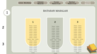 1
BATASAN MASALAH
Batasan
Masalah
Manfaat
Penelitian
Tujuan
Penelitian
Rumusan
Masalah
Latar Belakang
2
3
1 2 3
Teks teks
teks teks
teks teks
teks teks
teks teks
teks teks
teks teks
teks teks
teks eks teks
teks teks
teks teks
teks teks
teks teks
teks teks
teks teks
teks teks
teks
Teks teks
teks teks
teks teks
teks teks
teks teks
teks teks
teks teks
teks teks
teks eks teks
teks teks
teks teks
teks teks
teks teks
teks teks
teks teks
teks teks
teks
Teks teks
teks teks
teks teks
teks teks
teks teks
teks teks
teks teks
teks teks
teks eks teks
teks teks
teks teks
teks teks
teks teks
teks teks
teks teks
teks teks
teks
 