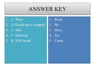 ANSWER KEY
1. C. Were
2. A.Would have stopped
3. C. Met
4. C. Had had
5. B. Will break
1. Read
2. Be
3. Have
4. Set
5. Come
 