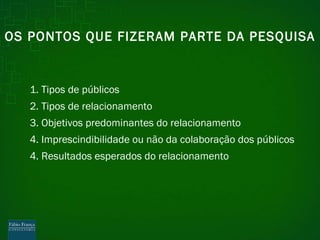 OS PONTOS QUE FIZERAM PARTE DA PESQUISA 1. Tipos de públicos 2. Tipos de relacionamento 3. Objetivos predominantes do relacionamento 4. Imprescindibilidade ou não da colaboração dos públicos  4. Resultados esperados do relacionamento 