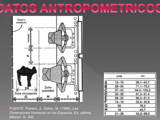  FUENTE: Panero, J., Zelnic, M. (1996). Las
Dimensiones Humanas en los Espacios, Ed. sétima,
México: G. Gilli.
 