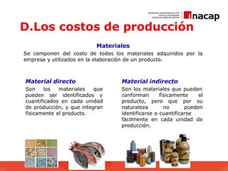 D.Los costos de producción
Materiales
Se componen del costo de todos los materiales adquiridos por la
empresa y utilizados en la elaboración de un producto.
Material directo
Son los materiales que
pueden ser identificados y
cuantificados en cada unidad
de producción, y que integran
físicamente el producto.
Material indirecto
Son los materiales que pueden
conforman físicamente el
producto, pero que por su
naturaleza no pueden
identificarse o cuantificarse
fácilmente en cada unidad de
producción.
 
