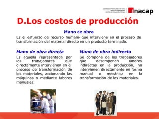 D.Los costos de producción
Mano de obra
Es el esfuerzo de recurso humano que interviene en el proceso de
transformación del material directo en un producto terminado.
Mano de obra directa
Es aquella representada por
los trabajadores que
directamente intervienen en el
proceso de transformación de
los materiales, accionando las
máquinas o mediante labores
manuales.
Mano de obra indirecta
Se compone de los trabajadores
que desempeñan labores
indirectas en la producción, no
intervienen directamente en forma
manual o mecánica en la
transformación de los materiales.
 