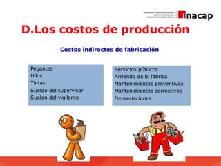 D.Los costos de producción
Costos indirectos de fabricación
Servicios públicos
Arriendo de la fabrica
Mantenimientos preventivos
Mantenimientos correctivos
Depreciaciones
Pegantes
Hilos
Tintas
Sueldo del supervisor
Sueldo del vigilante
 