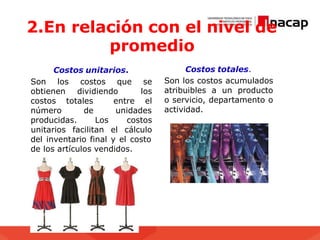 2.En relación con el nivel de
promedio
Costos totales.
Son los costos acumulados
atribuibles a un producto
o servicio, departamento o
actividad.
Costos unitarios.
Son los
obtienen
costos que se
dividiendo los
el
costos totales entre
número de unidades
producidas. Los costos
unitarios facilitan el cálculo
del inventario final y el costo
de los artículos vendidos.
 