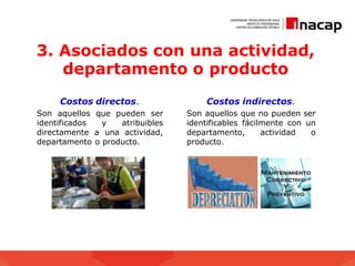 3. Asociados con una actividad,
departamento o producto
Costos directos.
Son aquellos que pueden ser
identificados y atribuibles
directamente a una actividad,
departamento o producto.
Costos indirectos.
Son aquellos que no pueden ser
identificables fácilmente con un
departamento, actividad o
producto.
 