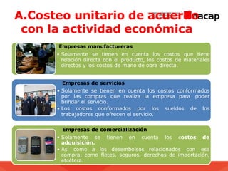 A.Costeo unitario de acuerdo
con la actividad económica
Empresas manufactureras
• Solamente se tienen en cuenta los costos que tiene
relación directa con el producto, los costos de materiales
directos y los costos de mano de obra directa.
Empresas de servicios
• Solamente se tienen en cuenta los costos conformados
por las compras que realiza la empresa para poder
brindar el servicio.
• Los costos conformados por los sueldos de los
trabajadores que ofrecen el servicio.
Empresas de comercialización
• Solamente se tienen en cuenta los costos de
adquisición.
• Así como a los desembolsos relacionados con esa
compra, como fletes, seguros, derechos de importación,
etcétera.
 