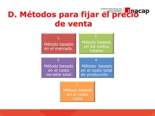 D. Métodos para fijar el precio
de venta
1.
Método basado
en el mercado.
2.
Método basado
en los costos
totales
3.
Método basado
en el costo
variable total
4.
Método basado
en el costo total
de producción
5.
Método basado
en el costo
meta
 
