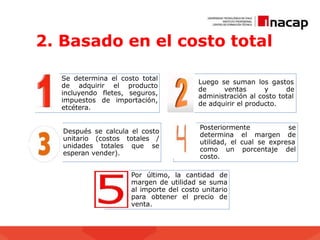 2. Basado en el costo total
Se determina el costo total
de adquirir el producto
incluyendo fletes, seguros,
impuestos de importación,
etcétera.
Luego se suman los gastos
de ventas y de
administración al costo total
de adquirir el producto.
Después se calcula el costo
unitario (costos totales /
unidades totales que se
esperan vender).
Posteriormente se
determina el margen de
utilidad, el cual se expresa
como un porcentaje del
costo.
Por último, la cantidad de
margen de utilidad se suma
al importe del costo unitario
para obtener el precio de
venta.
 