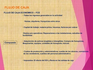 FLUJO DE CAJA
187
• Adquisición de activos tangibles e intangibles: Compra de franquicias,
Maquinarias, equipos; unidades de transporte, marcas.
• Costos de producción y administrativos: sueldo de los obreros, comisiones
de los vendedores, sueldos del personal administrativo.
• Impuestos: El efecto del IGV y Renta en las salidas de caja
Compuesto
FLUJO DE CAJA ECONOMICO – FCE
• Todos los ingresos generados en la actividad
•Ventas, alquileres, franquicias entre otros
• Capital de trabajo: materia prima, insumos, facturas por cobrar
•Gastos pre operativos: Reparaciones a las instalaciones, estudios de
factibilidad
 