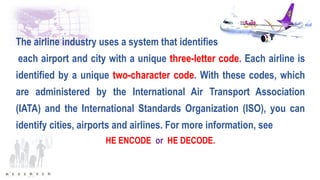 The airline industry uses a system that identifies
each airport and city with a unique three-letter code. Each airline is
identified by a unique two-character code. With these codes, which
are administered by the International Air Transport Association
(IATA) and the International Standards Organization (ISO), you can
identify cities, airports and airlines. For more information, see
HE ENCODE or HE DECODE.
 