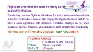The display contains flights of all airlines for which schedule information is
submitted to Amadeus. You can also display the flights of airlines that do not
have a sales agreement with Amadeus. Timetable displays do not show
classes of service; therefore, you cannot sell seats directly from this display.
HELP PAGE: HE TN
Flights are ordered in the same hierarchy as for
availability displays.
Working with the Timetable Displays
 