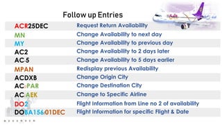 Follow up Entries
ACR25DEC Request Return Availability
MN Change Availability to next day
MY Change Availability to previous day
AC2 Change Availability to 2 days later
AC-5 Change Availability to 5 days earlier
MPAN Redisplay previous Availability
ACDXB Change Origin City
AC//PAR Change Destination City
AC/AEK Change to Specific Airline
DO2 Flight Information from Line no 2 of availability
DOBA156/01DEC Flight Information for specific Flight & Date
 