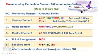 NO. Mandatory Elements Amadeus Entries
1 . Itinerary Element
AN15JUNKWIDXB/AKU See availabilities
SS1Y1 Sell Seat in Y Class & Line NO 1
2 . Name Element NM1PRINCE/MOHAMMEDMR
3 . Contact Element AP BKK 022872473-B A&F Tour Travel
4 . Ticket Arrangement TKOK
5. Received From RF PATRICKER
After you do above steps end (save) and retrieve PNR
Five Mandatory Elements to Create a PNR on Amadeus System
(Steps to Create PNR)
 
