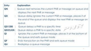 93
Entry Explanation
QN : Queue next removes the current PNR or message on queue and
displays the next PNR or message
QD : Queue delay ignores the current PNR or message, places it at
the end of the queue and displays the next PNR or message on
queue
QD1300 : Queue delays a PNR to a specific time
QD23JUN : Queue delays a PNR to a specific date
QI : Ignores the current PNR or message, places it at the bottom of
the queue and exits queue mode
QF : Ends transaction on the PNR and exits queue mode
QU : Redisplays a queue message
 