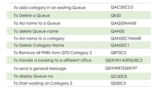 95
To add category in an existing Queue QAC50C2-3
To Delete a Queue QK50
To Ad name to a Queue QAQ50NAME
To delete Queue name QAN50
To Ad name to a category QAN50C1NAME
To Delete Category Name QAN50C1
To Remove all PNRs from Q70 Category 2 QR70C2
To transfer a booking to a different office QE/KWI1A0900/8C3
To send a general Message QE/KWIKT2269/97
To display Queue no. QC50CE
To Start working on Category 2 QS50C3
 