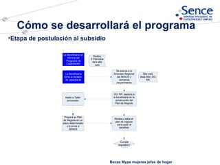 Etapa de postulación al subsidio  Cómo se desarrollará el programa  Becas Mype mujeres jefas de hogar 