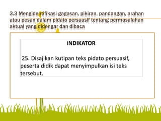 3.3 Mengidentifikasi gagasan, pikiran, pandangan, arahan
atau pesan dalam pidato persuasif tentang permasalahan
aktual yang didengar dan dibaca
Disajikan teks pidato
persuasif, peserta didik dapat
menyimpulkan isi teks
tersebut.
INDIKATOR
25. Disajikan kutipan teks pidato persuasif,
peserta didik dapat menyimpulkan isi teks
tersebut.
 