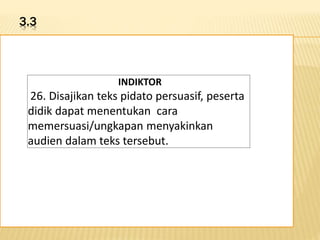 3.3
Disajikan teks pidato
persuasif, peserta didik dapat
menentukan cara
memersuasi/ungkapan
menyakinkan audien dalam
teks tersebut.
INDIKTOR
26. Disajikan teks pidato persuasif, peserta
didik dapat menentukan cara
memersuasi/ungkapan menyakinkan
audien dalam teks tersebut.
 