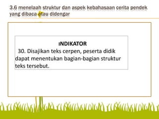 3.6 menelaah struktur dan aspek kebahasaan cerita pendek
yang dibaca atau didengar
Disajikan teks cerpen, peserta
didik dapat menentukan
bagian-bagian struktur teks
tersebut.
INDIKATOR
30. Disajikan teks cerpen, peserta didik
dapat menentukan bagian-bagian struktur
teks tersebut.
 