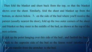 7. Then fold the blanket and sheet back from the top, so that the blanket
shows over the sheet. Similarly, fold the sheet and blanket up from the
bottom, as shown below. 7- on the side of the bed where you'll receive the
patient (usually nearest the door), fold up the two outer corners of the sheet
and blanket so they meet in the middle of the bed, as shown at the top of the
next column.
8.pick up the point hanging over this side of the bed , and fanfold the linens
back to the opposite side of the bed so the linens wont' interfere with
patient transfer from the stretcher to the bed.
 
