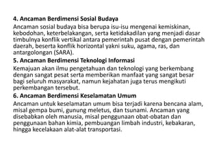 4. Ancaman Berdimensi Sosial Budaya
Ancaman sosial budaya bisa berupa isu-isu mengenai kemiskinan,
kebodohan, keterbelakangan, serta ketidakadilan yang menjadi dasar
timbulnya konflik vertikal antara pemerintah pusat dengan pemerintah
daerah, beserta konflik horizontal yakni suku, agama, ras, dan
antargolongan (SARA).
5. Ancaman Berdimensi Teknologi Informasi
Kemajuan akan ilmu pengetahuan dan teknologi yang berkembang
dengan sangat pesat serta memberikan manfaat yang sangat besar
bagi seluruh masyarakat, namun kejahatan juga terus mengikuti
perkembangan tersebut.
6. Ancaman Berdimensi Keselamatan Umum
Ancaman untuk keselamatan umum bisa terjadi karena bencana alam,
misal gempa bumi, gunung meletus, dan tsunami. Ancaman yang
disebabkan oleh manusia, misal penggunaan obat-obatan dan
penggunaan bahan kimia, pembuangan limbah industri, kebakaran,
hingga kecelakaan alat-alat transportasi.
 