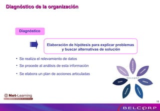 Diagnóstico Elaboración de hipótesis para explicar problemas y buscar alternativas de solución Se realiza el relevamiento de datos Se procede al análisis de esta información  Diagnóstico de la organización   Se elabora un plan de acciones articuladas 