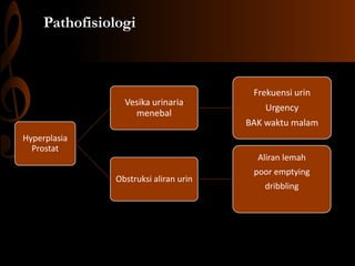 Pathofisiologi
Hyperplasia
Prostat
Vesika urinaria
menebal
Frekuensi urin
Urgency
BAK waktu malam
Obstruksi aliran urin
Aliran lemah
poor emptying
dribbling
 
