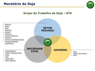 SETOR
PRIVADO
GOVERNO
SOCIEDADE
CIVIL
• ABIOVE
• ANEC
• ADM
• AMAGGI
• BUNGE
• CARGILL
• LOUIS DREYFUS
• FIAGRIL
• COFCO INTERNATIONAL
• CONSUMIDORES
EUROPEUS
• GREENPEACE
• EARTH INNOVATION
• IPAM
• TNC
• IMAFLORA
• WWF BRASIL
• MMA
• BANCO DO BRASIL
• INPE
Grupo de Trabalho da Soja - GTS
MORATÓRIA DA SOJA - GTSMoratória da Soja
 