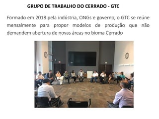 Formado em 2018 pela indústria, ONGs e governo, o GTC se reúne
mensalmente para propor modelos de produção que não
demandem abertura de novas áreas no bioma Cerrado
GRUPO DE TRABALHO DO CERRADO - GTC
 