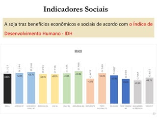 A soja traz benefícios econômicos e sociais de acordo com o Índice de
Desenvolvimento Humano - IDH
Indicadores Sociais
23
 