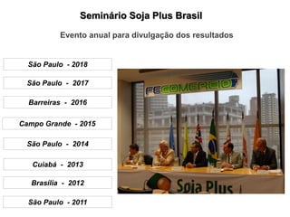 Seminário Soja Plus Brasil
Evento anual para divulgação dos resultados
Brasília - 2012
São Paulo - 2011
Cuiabá - 2013
São Paulo - 2014
Campo Grande - 2015
Barreiras - 2016
São Paulo - 2017
São Paulo - 2018
 