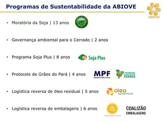 Programas de Sustentabilidade da ABIOVE
• Moratória da Soja | 13 anos
• Governança ambiental para o Cerrado | 2 anos
• Programa Soja Plus | 8 anos
• Protocolo de Grãos do Pará | 4 anos
• Logística reversa de óleo residual | 5 anos
• Logística reversa de embalagens | 6 anos
 