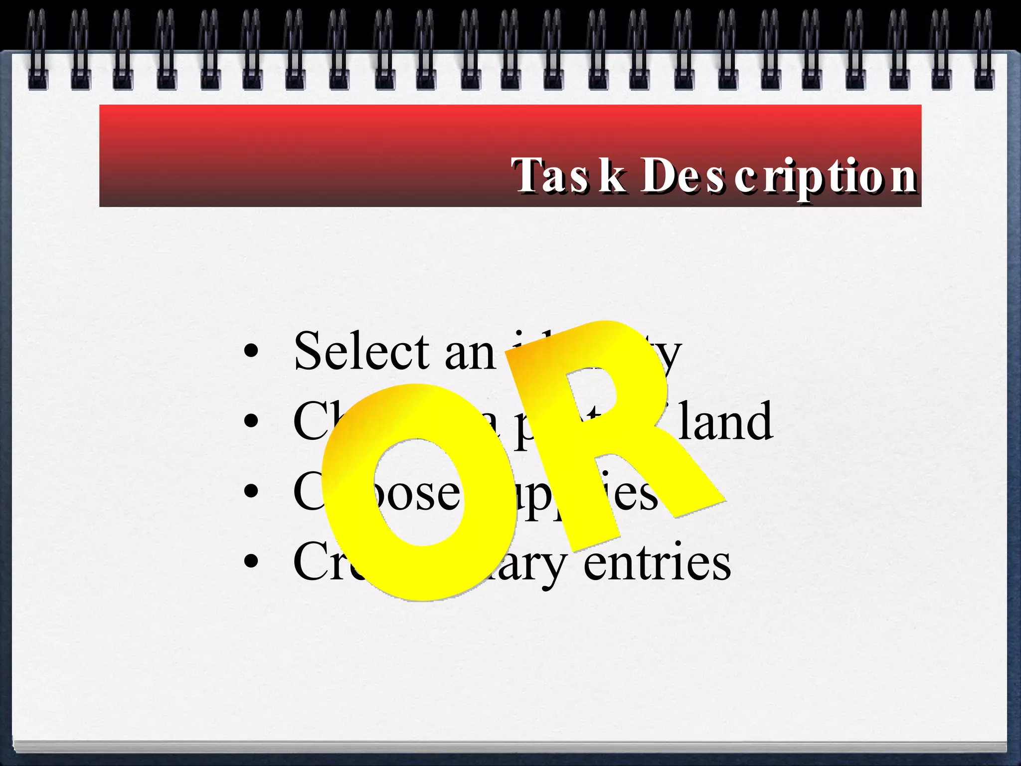 Task Description Select an identity Choose a plot of land Choose supplies  Create diary entries OR 