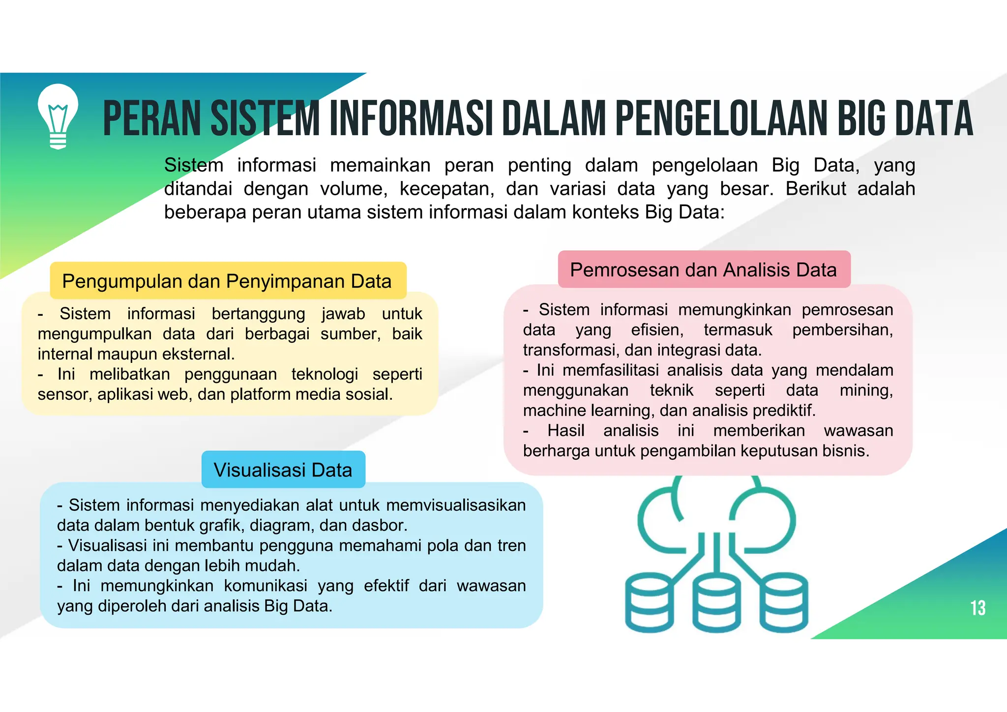 13
PERAN SISTEM INFORMASIDALAM PENGELOLAAN BIG DATA
Sistem informasi memainkan peran penting dalam pengelolaan Big Data, yang
ditandai dengan volume, kecepatan, dan variasi data yang besar. Berikut adalah
beberapa peran utama sistem informasi dalam konteks Big Data:
- Sistem informasi bertanggung jawab untuk
mengumpulkan data dari berbagai sumber, baik
internal maupun eksternal.
- Ini melibatkan penggunaan teknologi seperti
sensor, aplikasi web, dan platform media sosial.
Pengumpulan dan Penyimpanan Data
- Sistem informasi memungkinkan pemrosesan
data yang efisien, termasuk pembersihan,
transformasi, dan integrasi data.
- Ini memfasilitasi analisis data yang mendalam
menggunakan teknik seperti data mining,
machine learning, dan analisis prediktif.
- Hasil analisis ini memberikan wawasan
berharga untuk pengambilan keputusan bisnis.
Pemrosesan dan Analisis Data
- Sistem informasi menyediakan alat untuk memvisualisasikan
data dalam bentuk grafik, diagram, dan dasbor.
- Visualisasi ini membantu pengguna memahami pola dan tren
dalam data dengan lebih mudah.
- Ini memungkinkan komunikasi yang efektif dari wawasan
yang diperoleh dari analisis Big Data.
Visualisasi Data
 