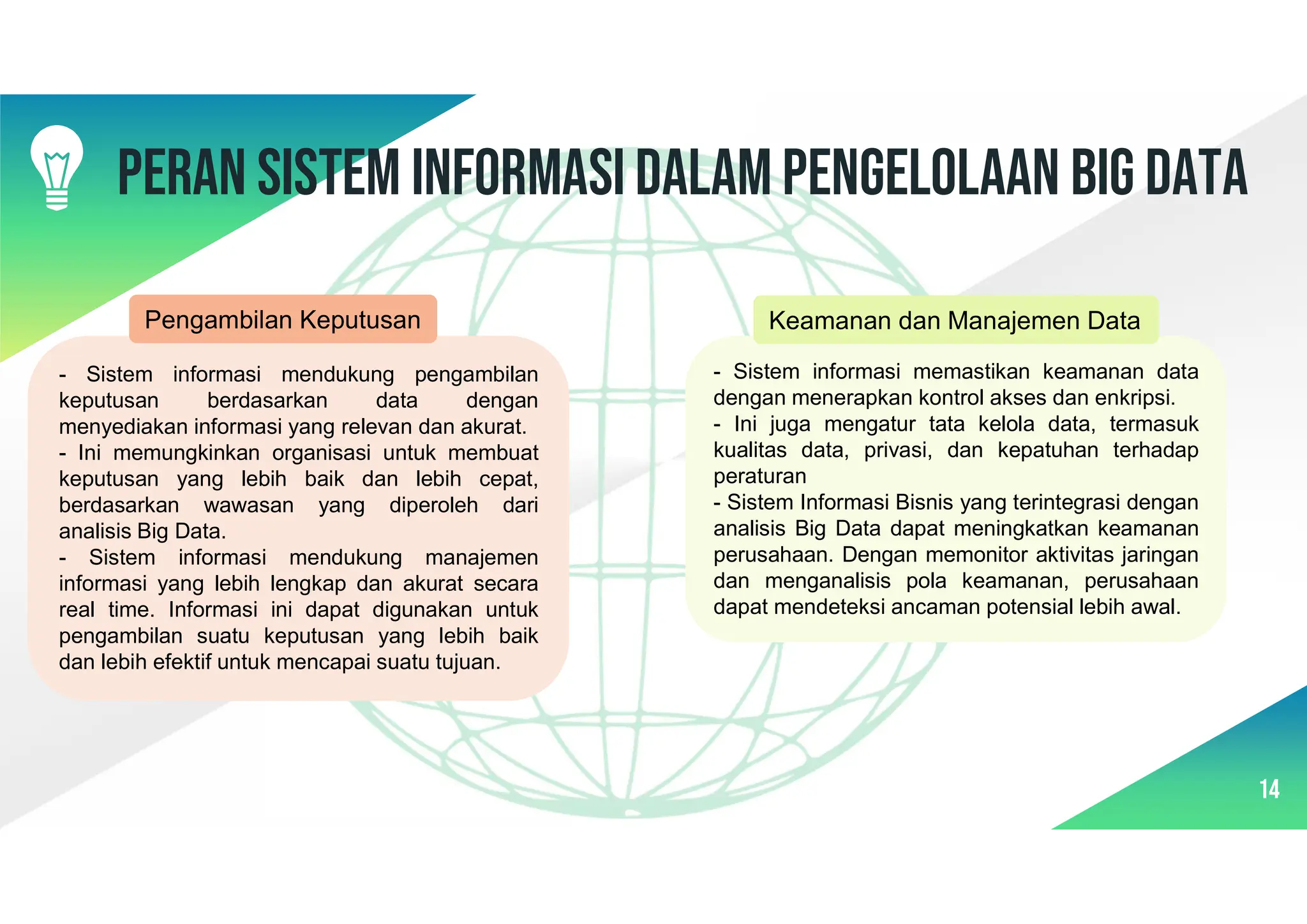 14
- Sistem informasi mendukung pengambilan
keputusan berdasarkan data dengan
menyediakan informasi yang relevan dan akurat.
- Ini memungkinkan organisasi untuk membuat
keputusan yang lebih baik dan lebih cepat,
berdasarkan wawasan yang diperoleh dari
analisis Big Data.
- Sistem informasi mendukung manajemen
informasi yang lebih lengkap dan akurat secara
real time. Informasi ini dapat digunakan untuk
pengambilan suatu keputusan yang lebih baik
dan lebih efektif untuk mencapai suatu tujuan.
Pengambilan Keputusan
- Sistem informasi memastikan keamanan data
dengan menerapkan kontrol akses dan enkripsi.
- Ini juga mengatur tata kelola data, termasuk
kualitas data, privasi, dan kepatuhan terhadap
peraturan
- Sistem Informasi Bisnis yang terintegrasi dengan
analisis Big Data dapat meningkatkan keamanan
perusahaan. Dengan memonitor aktivitas jaringan
dan menganalisis pola keamanan, perusahaan
dapat mendeteksi ancaman potensial lebih awal.
Keamanan dan Manajemen Data
PERAN SISTEM INFORMASIDALAM PENGELOLAAN BIG DATA
 