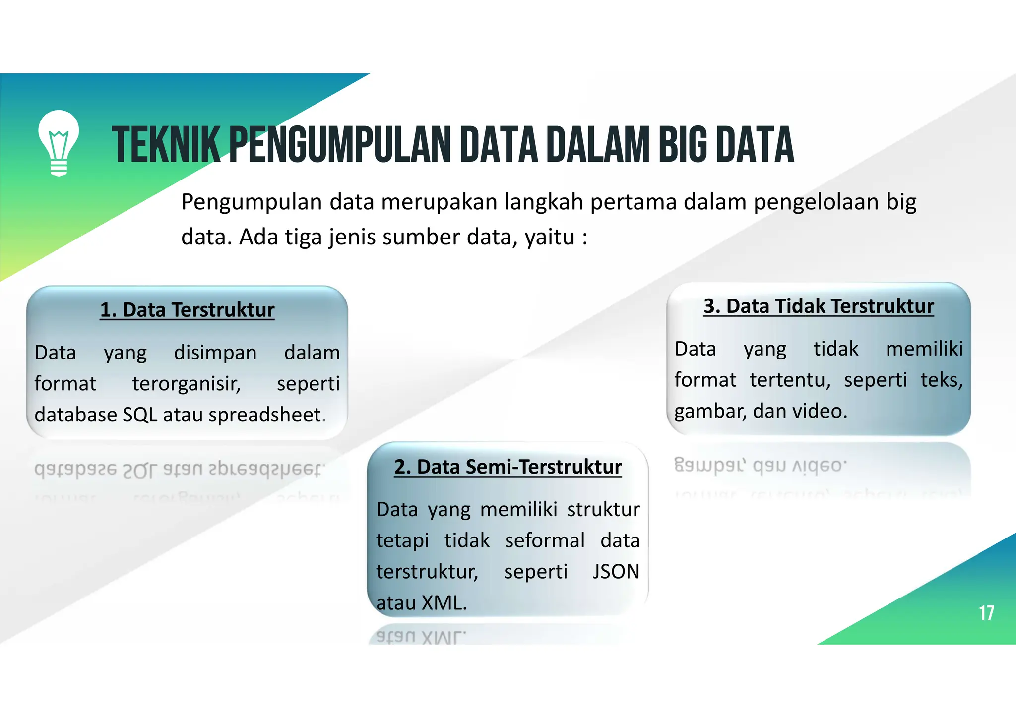 TeknikPengumpulanDatadalamBigData
Pengumpulan data merupakan langkah pertama dalam pengelolaan big
data. Ada tiga jenis sumber data, yaitu :
1. Data Terstruktur
Data yang disimpan dalam
format terorganisir, seperti
database SQL atau spreadsheet.
3. Data Tidak Terstruktur
Data yang tidak memiliki
format tertentu, seperti teks,
gambar, dan video.
17
2. Data Semi-Terstruktur
Data yang memiliki struktur
tetapi tidak seformal data
terstruktur, seperti JSON
atau XML.
 
