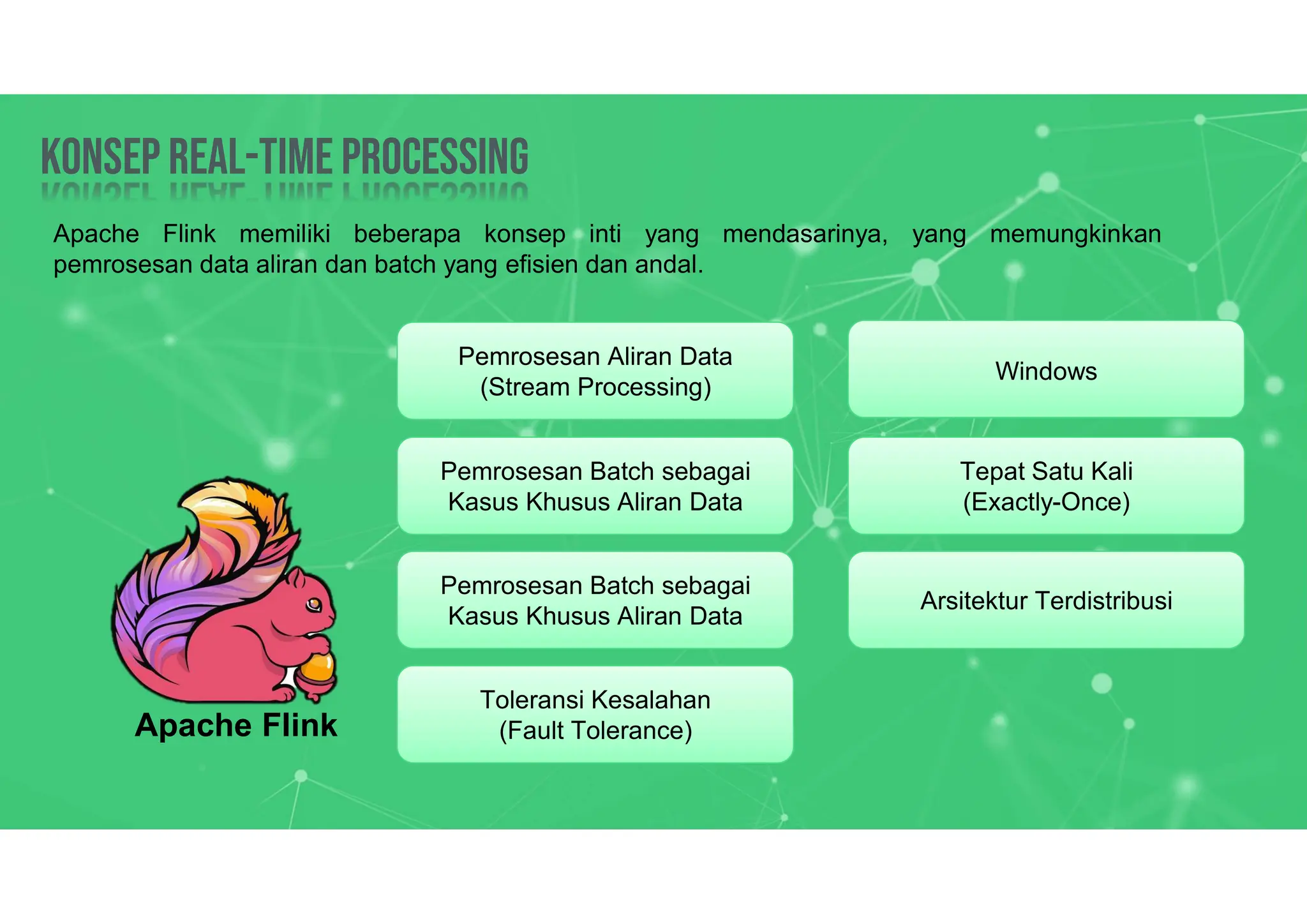 Konsep Real-time processing
Konsep Real-time processing
Apache Flink memiliki beberapa konsep inti yang mendasarinya, yang memungkinkan
pemrosesan data aliran dan batch yang efisien dan andal.
Apache Flink
Pemrosesan Aliran Data
(Stream Processing)
Pemrosesan Batch sebagai
Kasus Khusus Aliran Data
Pemrosesan Batch sebagai
Kasus Khusus Aliran Data
Toleransi Kesalahan
(Fault Tolerance)
Windows
Tepat Satu Kali
(Exactly-Once)
Arsitektur Terdistribusi
 