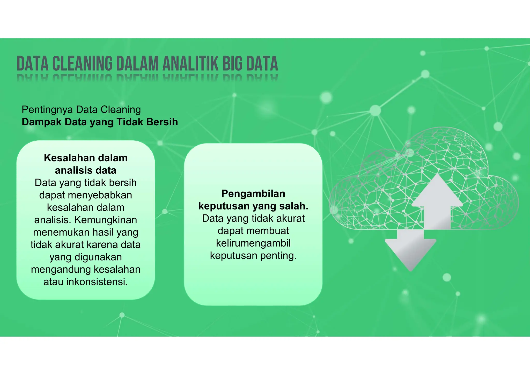 Data Cleaning dalam analitik big data
Data Cleaning dalam analitik big data
Pentingnya Data Cleaning
Dampak Data yang Tidak Bersih
Kesalahan dalam
analisis data
Data yang tidak bersih
dapat menyebabkan
kesalahan dalam
analisis. Kemungkinan
menemukan hasil yang
tidak akurat karena data
yang digunakan
mengandung kesalahan
atau inkonsistensi.
Pengambilan
keputusan yang salah.
Data yang tidak akurat
dapat membuat
kelirumengambil
keputusan penting.
 