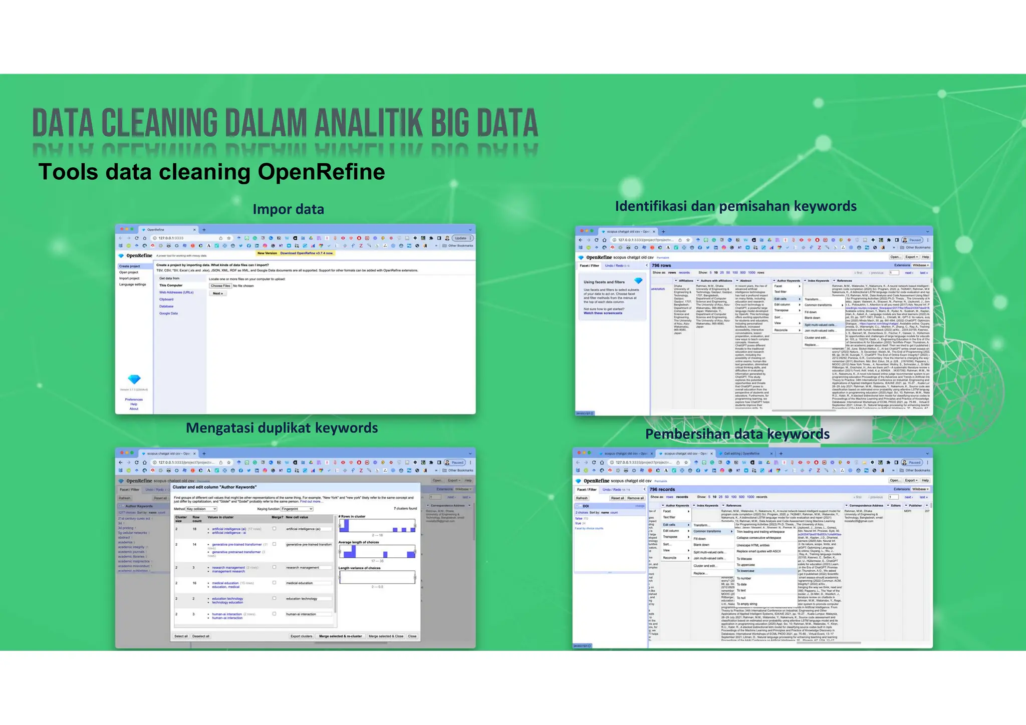 Data Cleaning dalam analitik big data
Data Cleaning dalam analitik big data
Tools data cleaning OpenRefine
Impor data Identifikasi dan pemisahan keywords
Pembersihan data keywords
Mengatasi duplikat keywords
 
