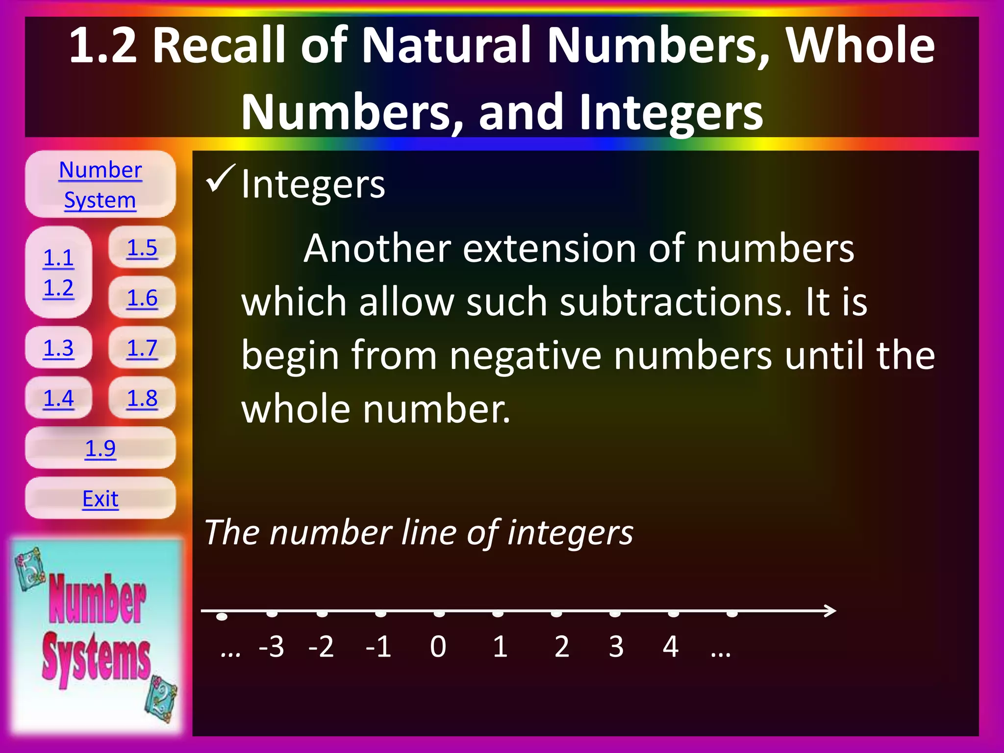 Number
System
1.1
1.2
1.5
1.6
1.3 1.7
1.8
1.9
Exit
1.4
1.2 Recall of Natural Numbers, Whole
Numbers, and Integers
Integers
Another extension of numbers
which allow such subtractions. It is
begin from negative numbers until the
whole number.
The number line of integers
… -3 -2 -1 0 1 2 3 4 …
 
