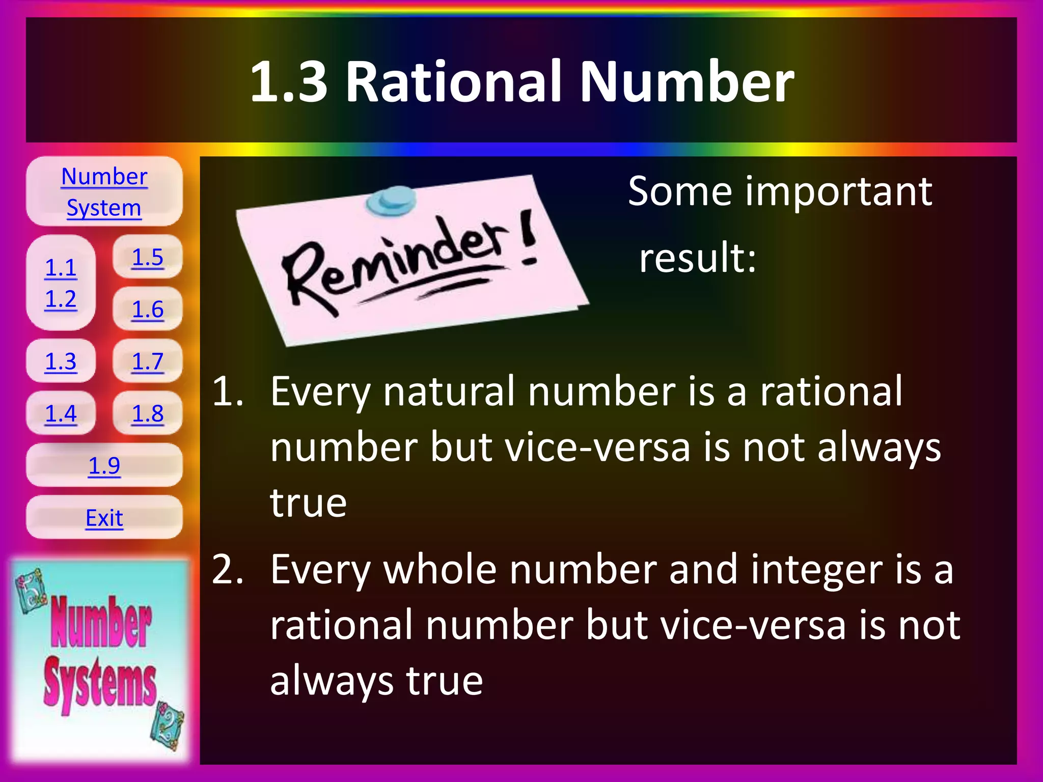 Number
System
1.1
1.2
1.5
1.6
1.3 1.7
1.8
1.9
Exit
1.4
1.3 Rational Number
Some important
result:
1. Every natural number is a rational
number but vice-versa is not always
true
2. Every whole number and integer is a
rational number but vice-versa is not
always true
 