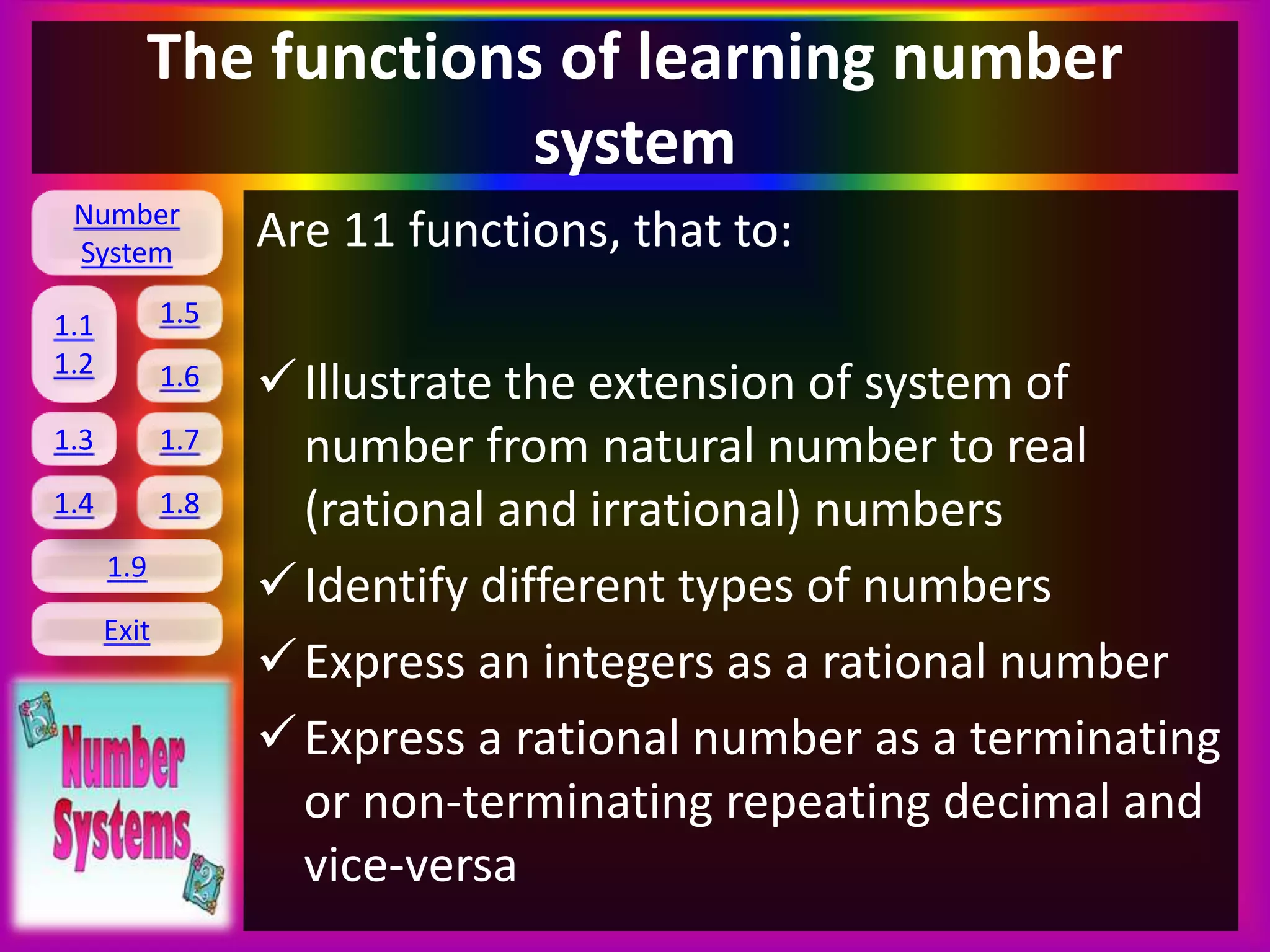 Number
System
1.1
1.2
1.5
1.6
1.3 1.7
1.8
1.9
Exit
1.4
The functions of learning number
system
Are 11 functions, that to:
Illustrate the extension of system of
number from natural number to real
(rational and irrational) numbers
Identify different types of numbers
Express an integers as a rational number
Express a rational number as a terminating
or non-terminating repeating decimal and
vice-versa
 