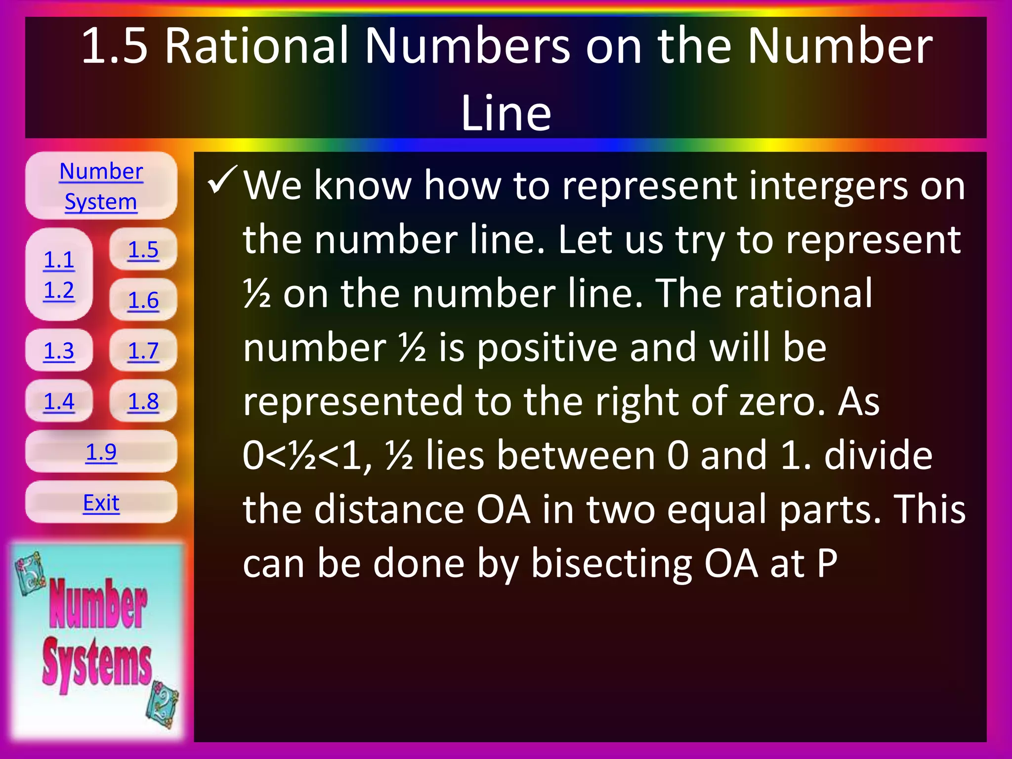 Number
System
1.1
1.2
1.5
1.6
1.3 1.7
1.8
1.9
Exit
1.4
1.5 Rational Numbers on the Number
Line
We know how to represent intergers on
the number line. Let us try to represent
½ on the number line. The rational
number ½ is positive and will be
represented to the right of zero. As
0<½<1, ½ lies between 0 and 1. divide
the distance OA in two equal parts. This
can be done by bisecting OA at P
 