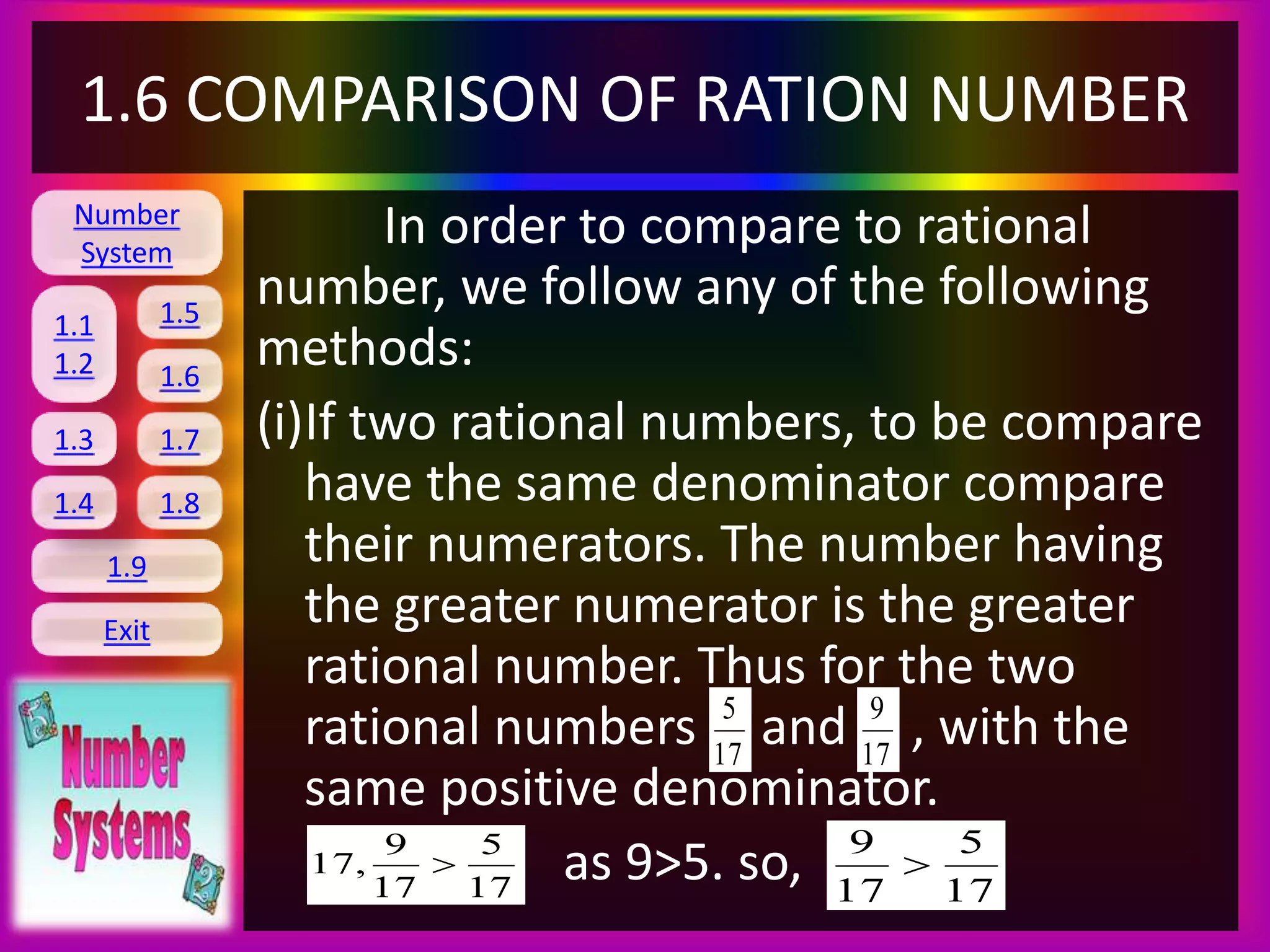 Number
System
1.1
1.2
1.5
1.6
1.3 1.7
1.8
1.9
Exit
1.4
1.6 COMPARISON OF RATION NUMBER
In order to compare to rational
number, we follow any of the following
methods:
(i)If two rational numbers, to be compare
have the same denominator compare
their numerators. The number having
the greater numerator is the greater
rational number. Thus for the two
rational numbers and , with the
same positive denominator.
as 9>5. so,
17
5
17
9
17
5
17
9
,17 
17
5
17
9

 