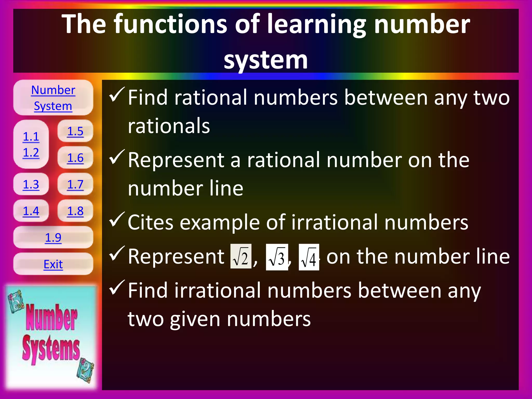 Number
System
1.1
1.2
1.5
1.6
1.3 1.7
1.8
1.9
Exit
1.4
The functions of learning number
system
Find rational numbers between any two
rationals
Represent a rational number on the
number line
Cites example of irrational numbers
Represent 2, 3, 4 on the number line
Find irrational numbers between any
two given numbers
2 3 4
 
