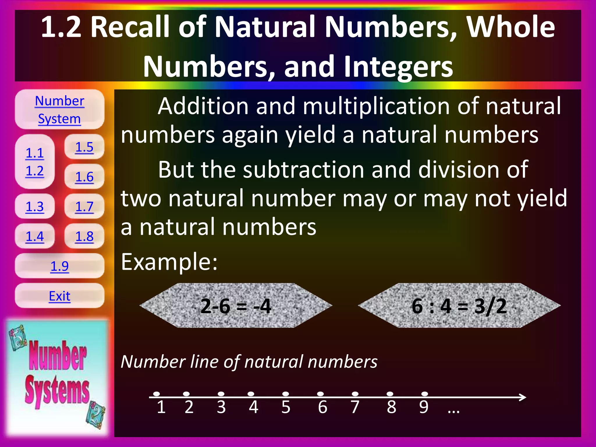 Number
System
1.1
1.2
1.5
1.6
1.3 1.7
1.8
1.9
Exit
1.4
1.2 Recall of Natural Numbers, Whole
Numbers, and Integers
Addition and multiplication of natural
numbers again yield a natural numbers
But the subtraction and division of
two natural number may or may not yield
a natural numbers
Example:
Number line of natural numbers
1 2 3 4 5 6 7 8 9 …
2-6 = -4 6 : 4 = 3/2
 
